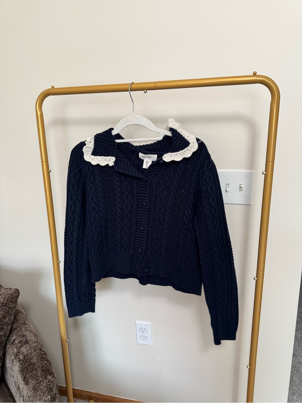 Jessica Simpson Navy Cable Knit Cardigan with Cream Crochet Collar
